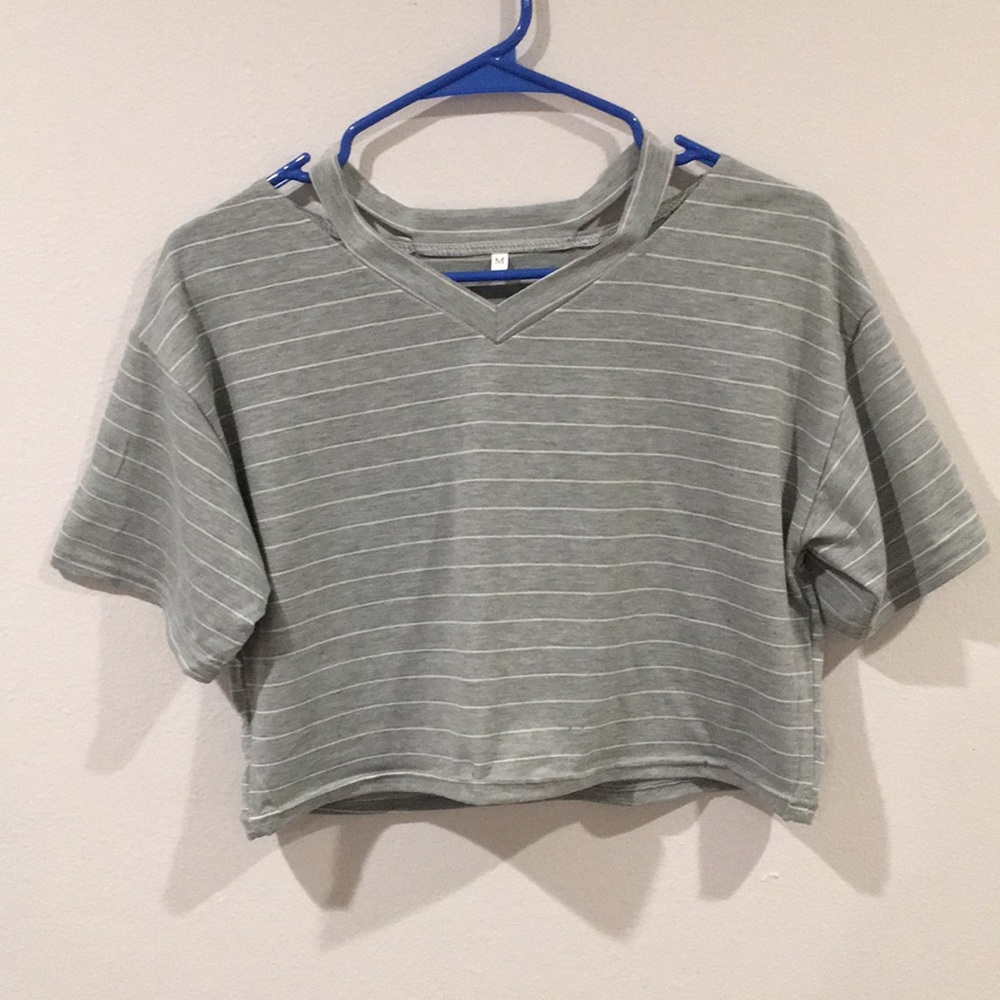 Cut Out Neck Striped Crop Tee